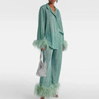 Women’s Shiny Set with Feather Sleeves and Relaxed Fit 3