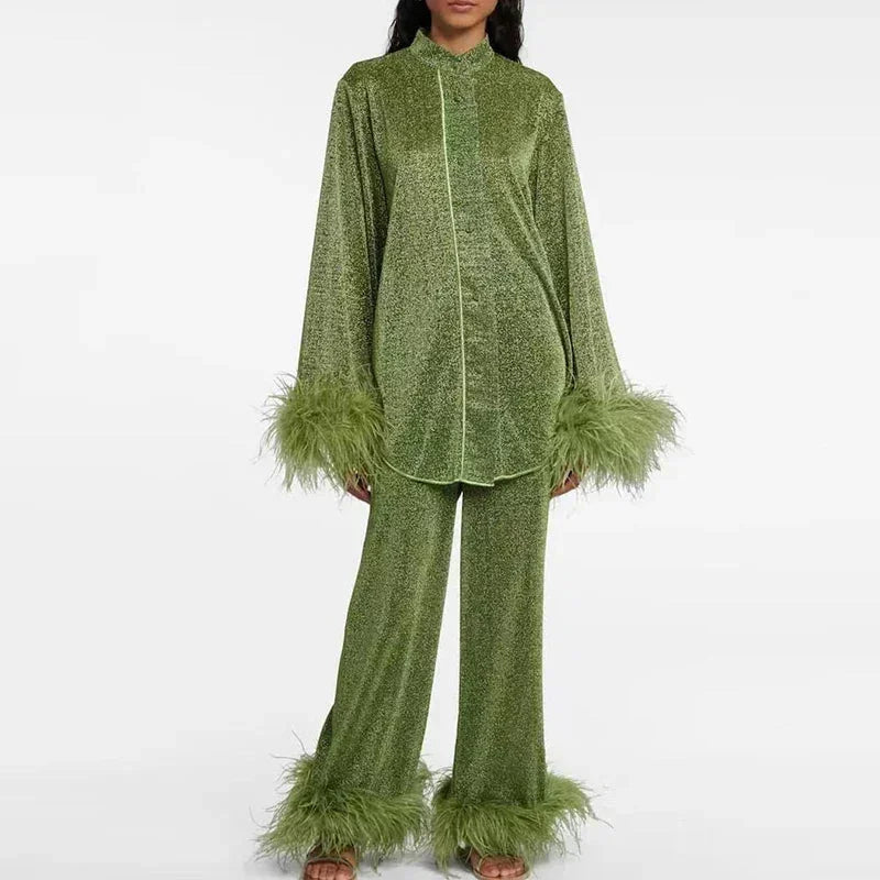 Women’s Shiny Set with Feather Sleeves and Relaxed Fit 4
