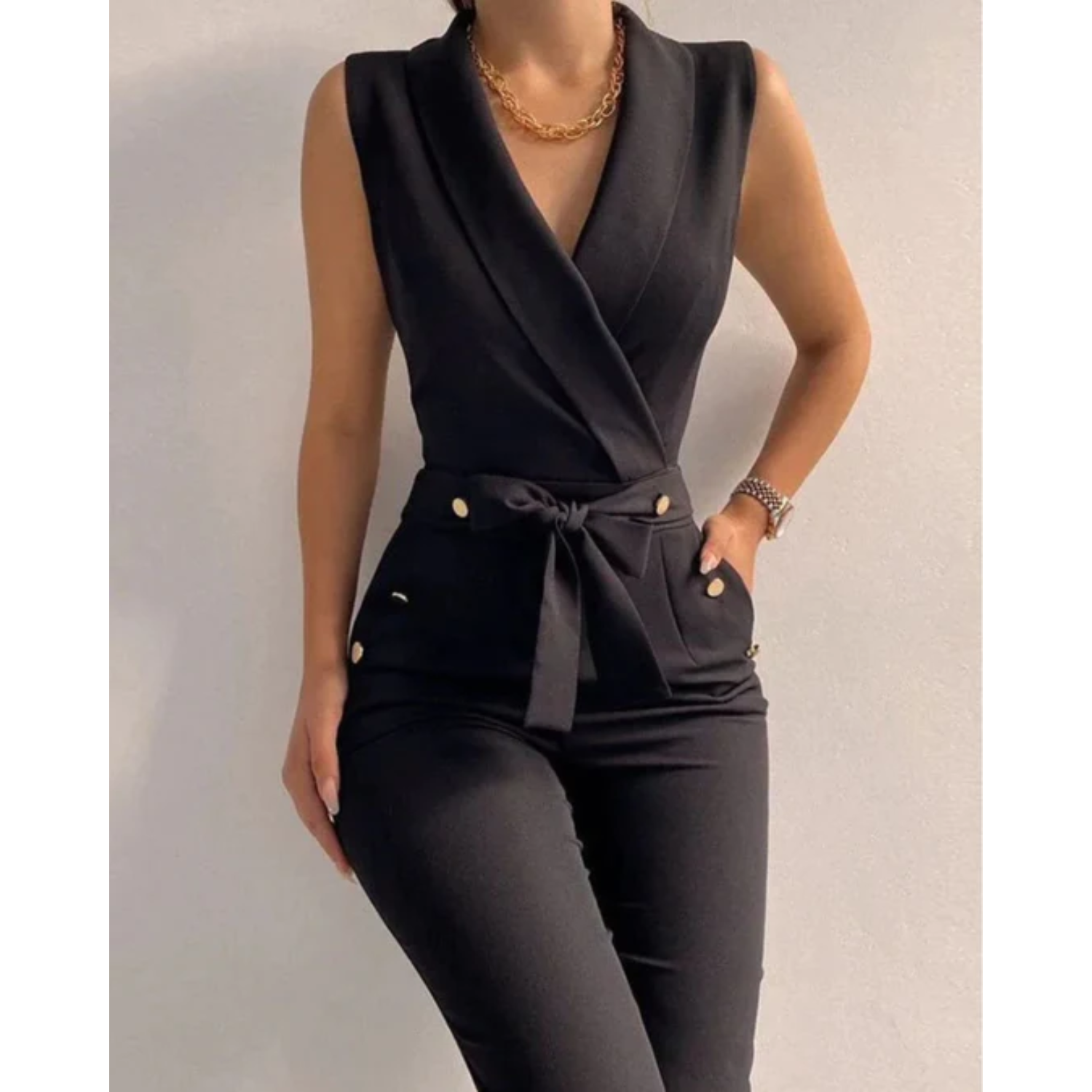 Women’s Sleeveless Jumpsuit with V-Neck and Lace-Up Back Design 0