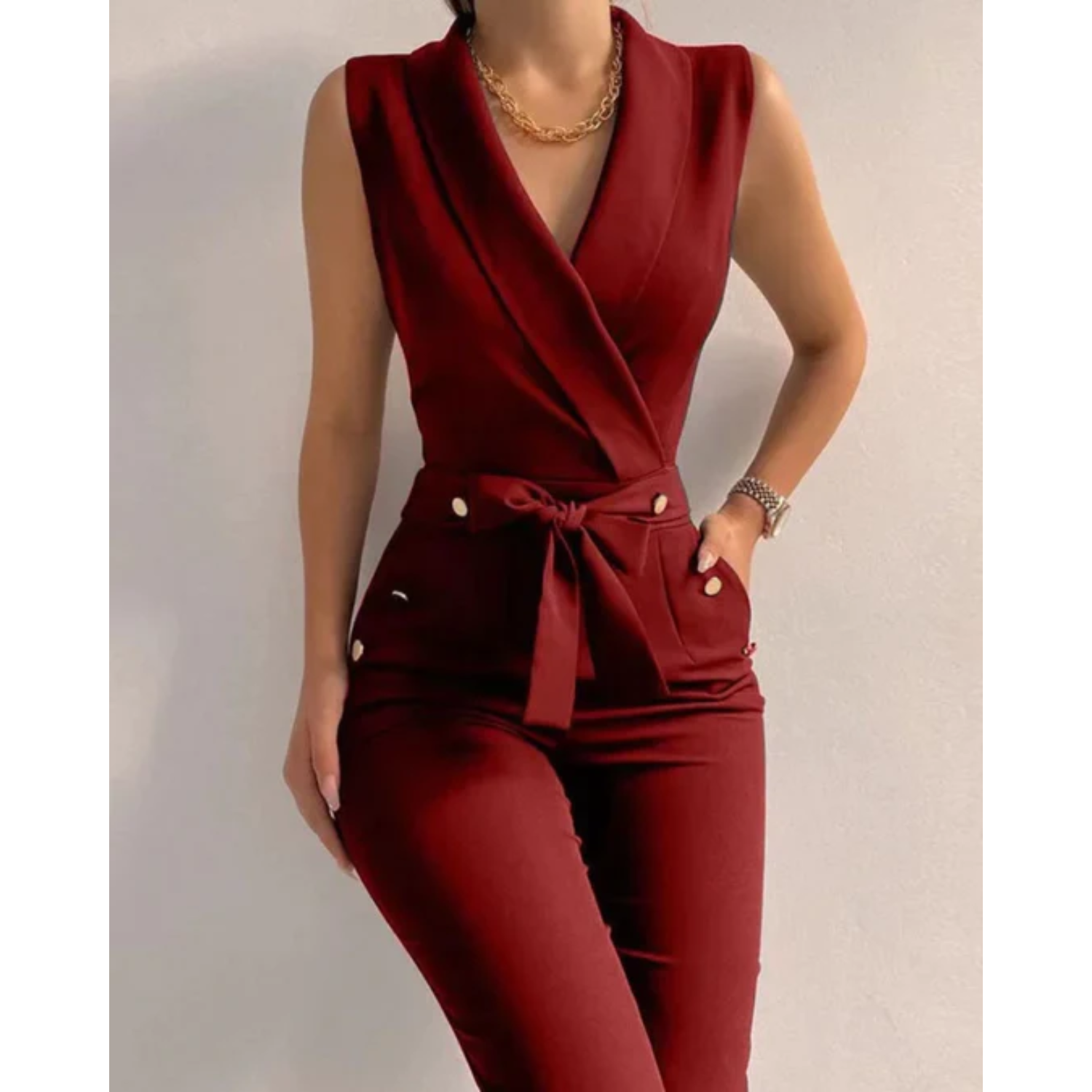 Women’s Sleeveless Jumpsuit with V-Neck and Lace-Up Back Design 1