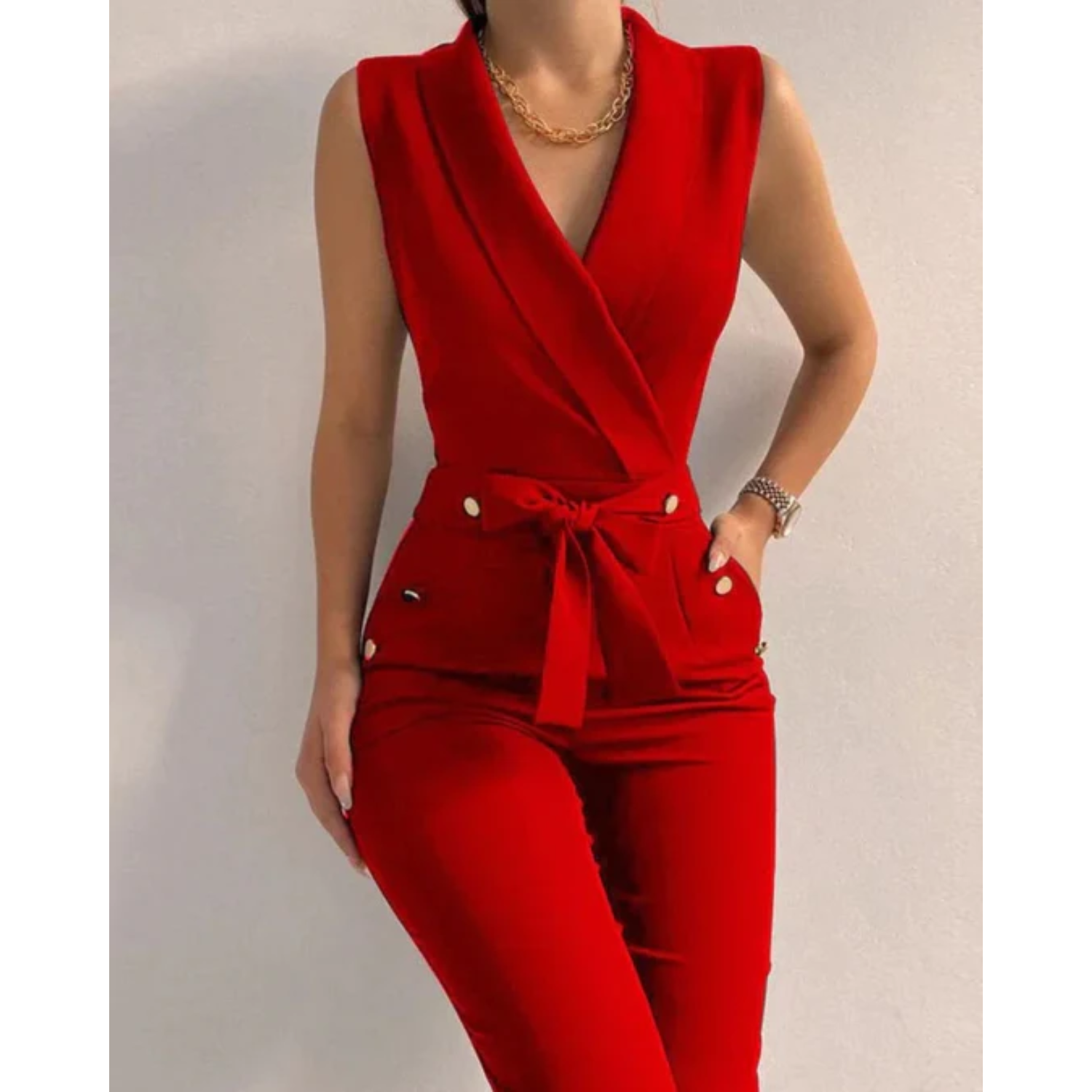 Women’s Sleeveless Jumpsuit with V-Neck and Lace-Up Back Design 2