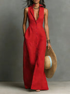 Women’s Sleeveless Linen Maxi Dress with Collared Neckline and Button-Front 0