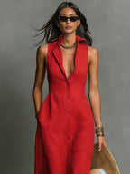 Women’s Sleeveless Linen Maxi Dress with Collared Neckline and Button-Front 4