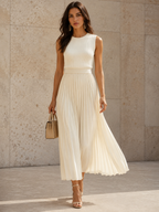Women’s Sleeveless Maxi Dress with Knit Bodice and Pleated Chiffon Hem in Cream 00