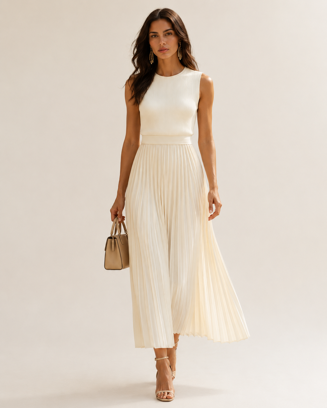 Women’s Sleeveless Maxi Dress with Knit Bodice and Pleated Chiffon Hem in Cream 01