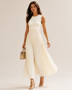 Women’s Sleeveless Maxi Dress with Knit Bodice and Pleated Chiffon Hem in Cream 04