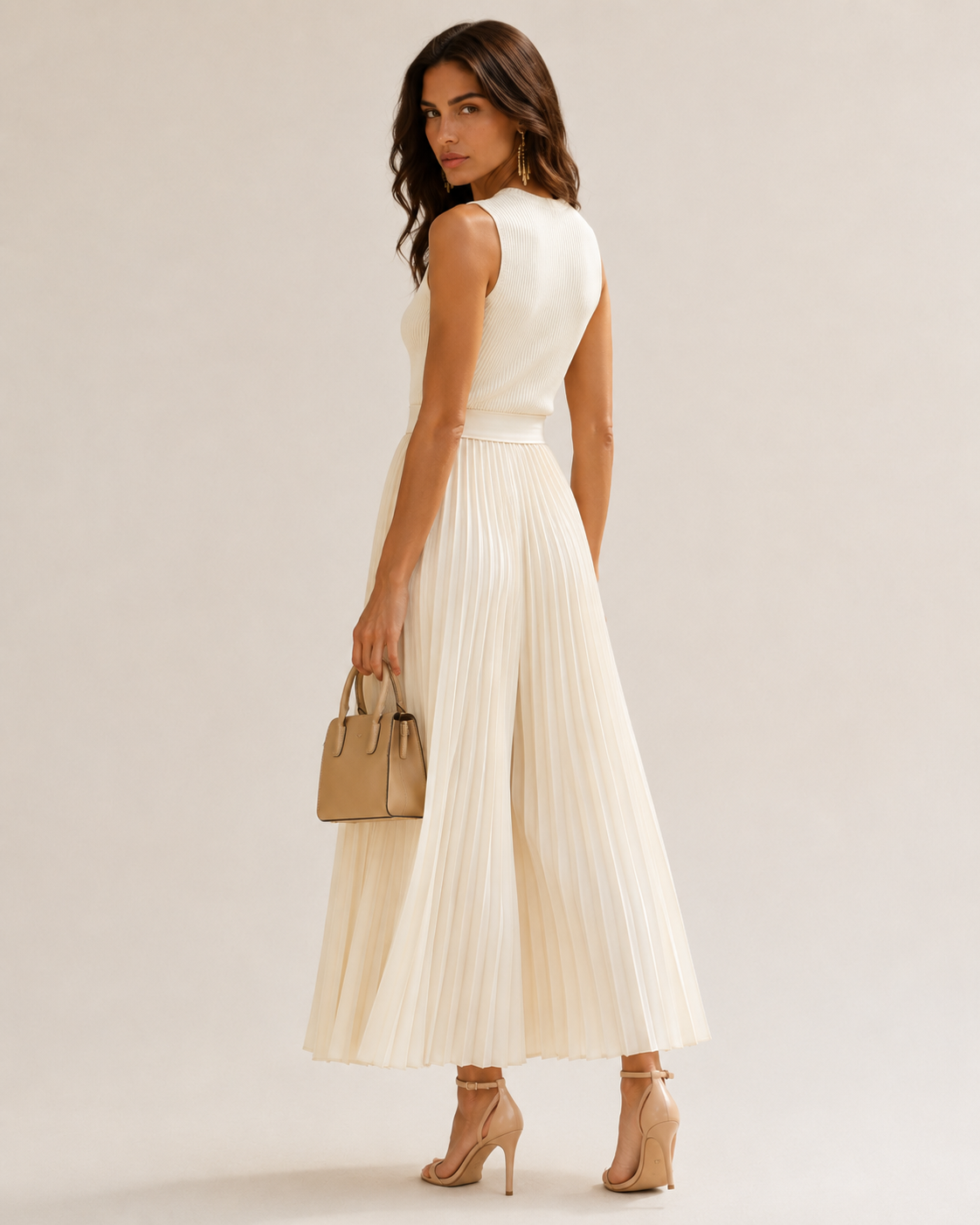 Women’s Sleeveless Maxi Dress with Knit Bodice and Pleated Chiffon Hem in Cream 03