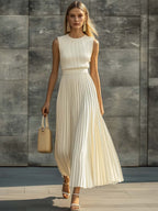 Women’s Sleeveless Maxi Dress with Knit Bodice and Pleated Chiffon Hem in Cream 1