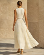 Women’s Sleeveless Maxi Dress with Knit Bodice and Pleated Chiffon Hem in Cream 11