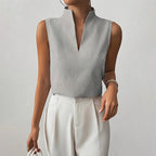 Women’s Sleeveless Striped Blouse in Cotton Blend with V-Neck and Stand Collar 0