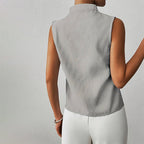 Women’s Sleeveless Striped Blouse in Cotton Blend with V-Neck and Stand Collar 4