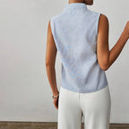 Women’s Sleeveless Striped Blouse in Cotton Blend with V-Neck and Stand Collar 5