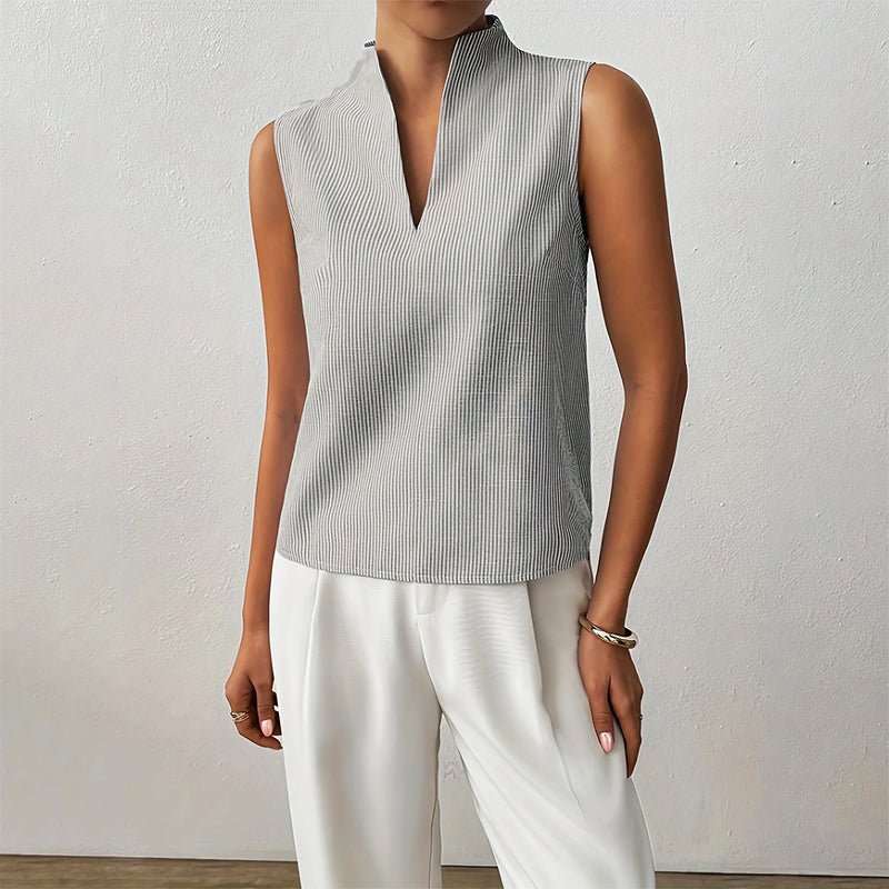 Women’s Sleeveless Striped Blouse in Cotton Blend with V-Neck and Stand Collar 8