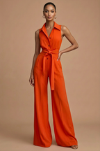 Women’s Sleeveless Wide Leg Jumpsuit with Collar Neck and Waist Tie 0