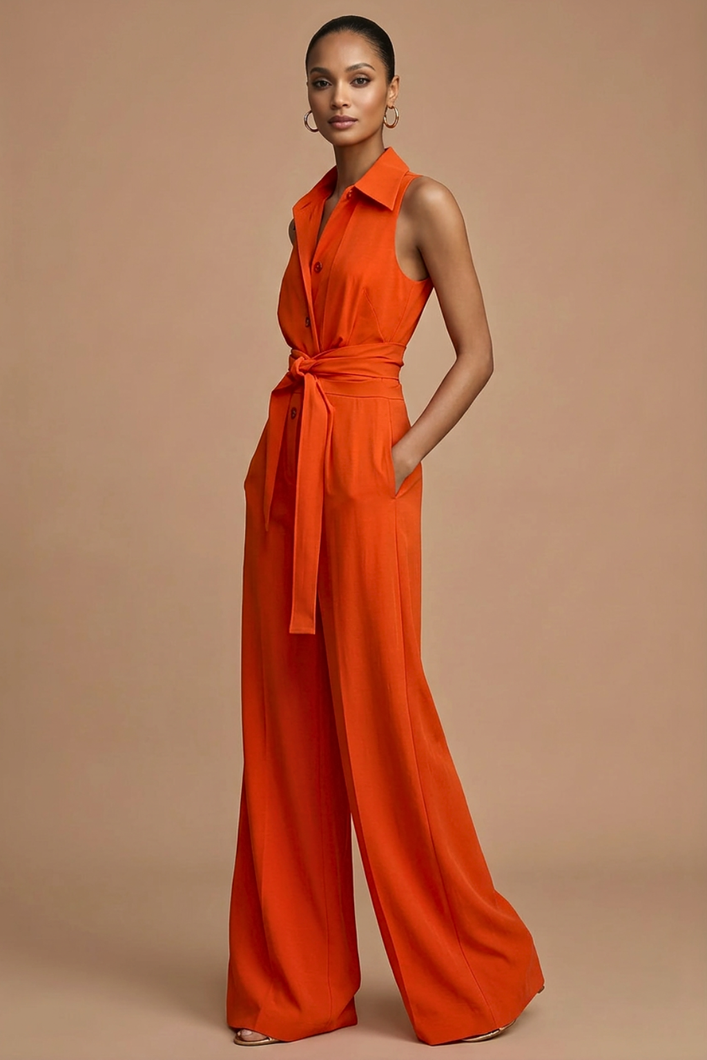 Women’s Sleeveless Wide Leg Jumpsuit with Collar Neck and Waist Tie 1