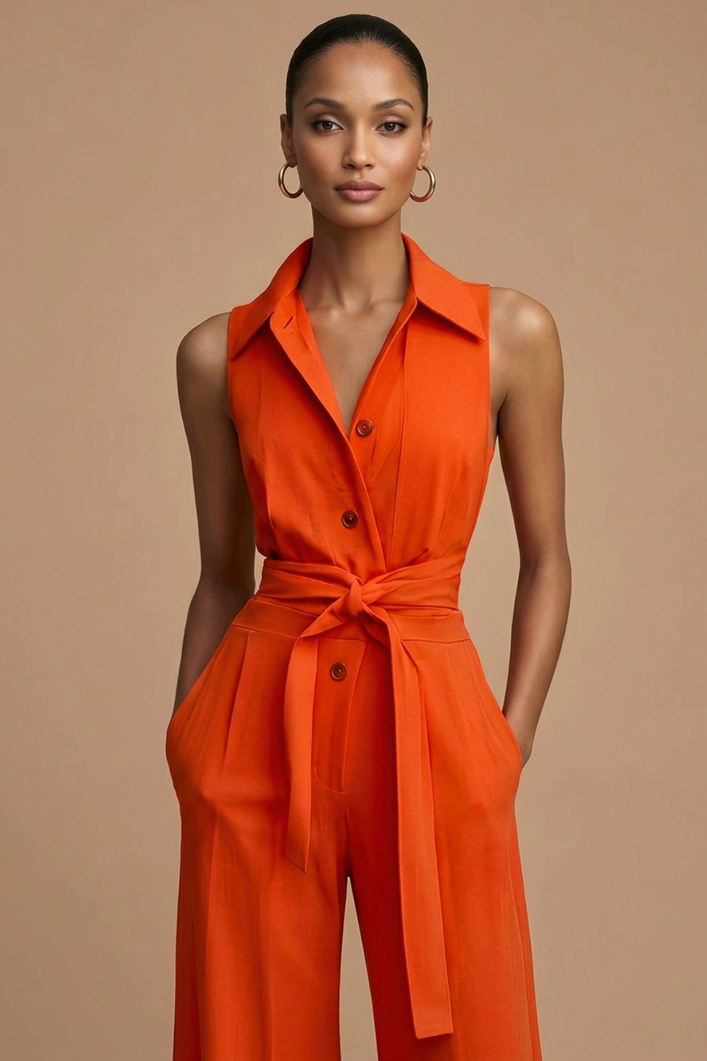 Women’s Sleeveless Wide Leg Jumpsuit with Collar Neck and Waist Tie 2