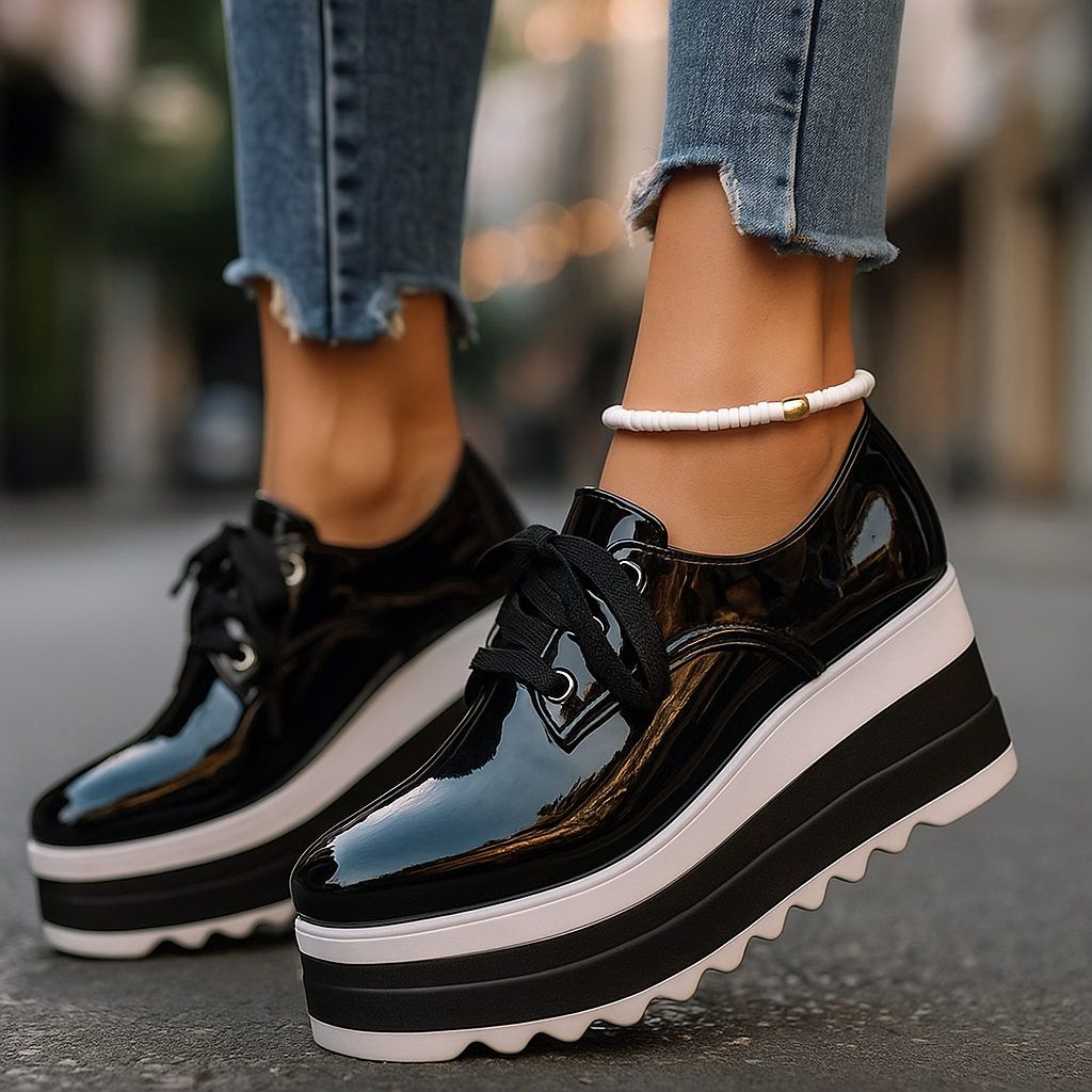 Women’s Square Toe Platform Sneakers with Patent Upper and Lace-Up Design 3