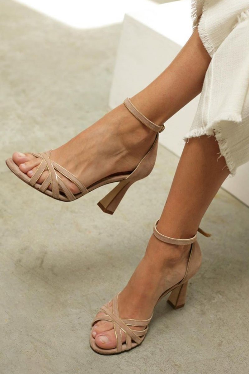 Women’s Strappy Block Heel Sandals in Nude with Adjustable Ankle Strap 0