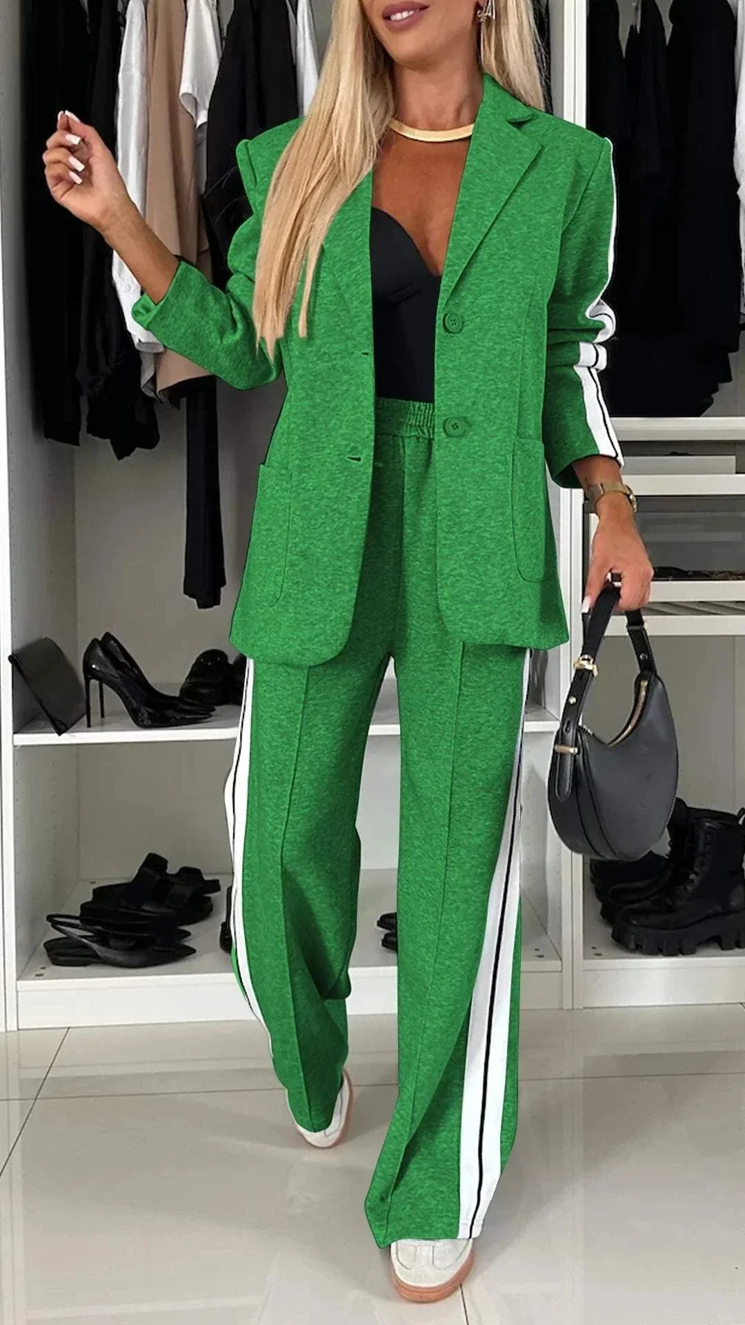 Women's Striped Blazer and Pant Suit Set with Tailored Fit and Pockets 1