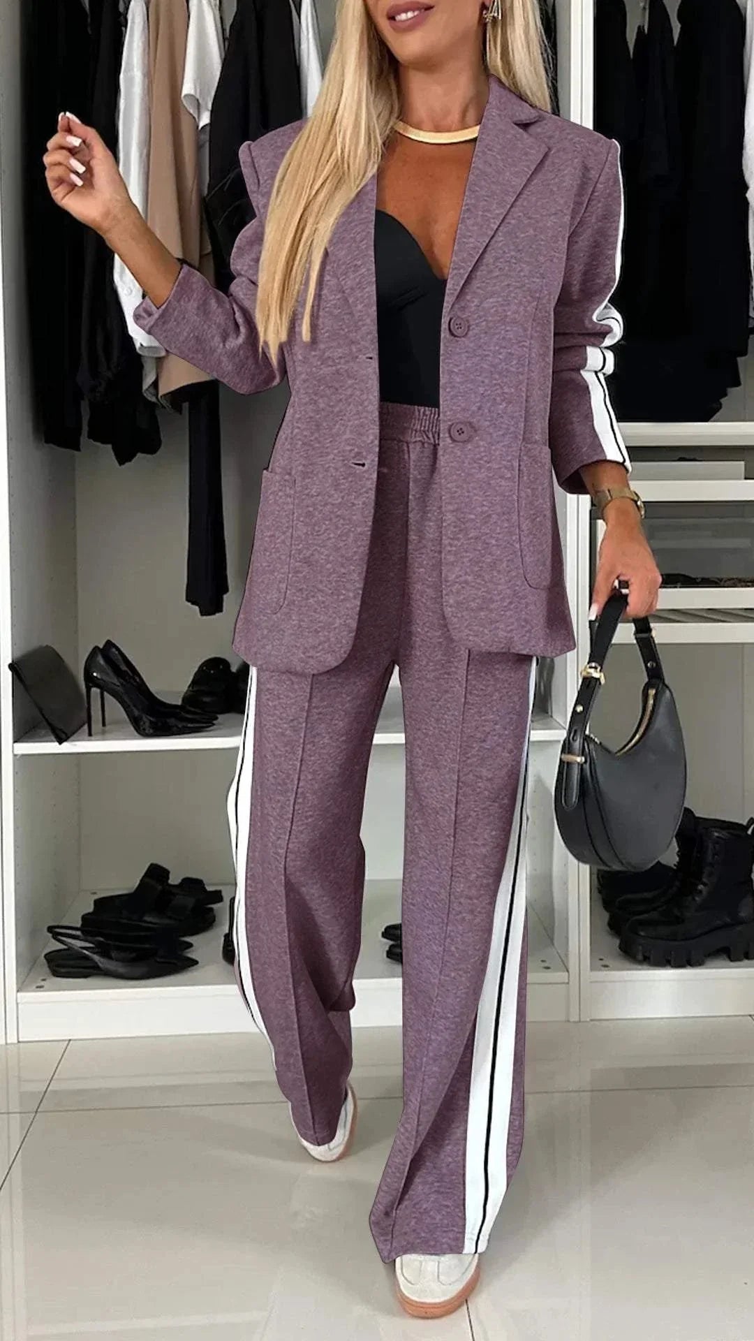 Women's Striped Blazer and Pant Suit Set with Tailored Fit and Pockets 5