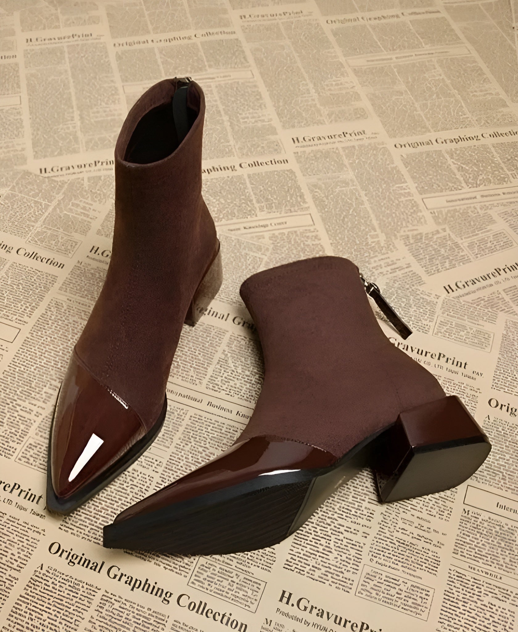 Women’s Suede Ankle Boots with Patent Detailing and Block Heel 0