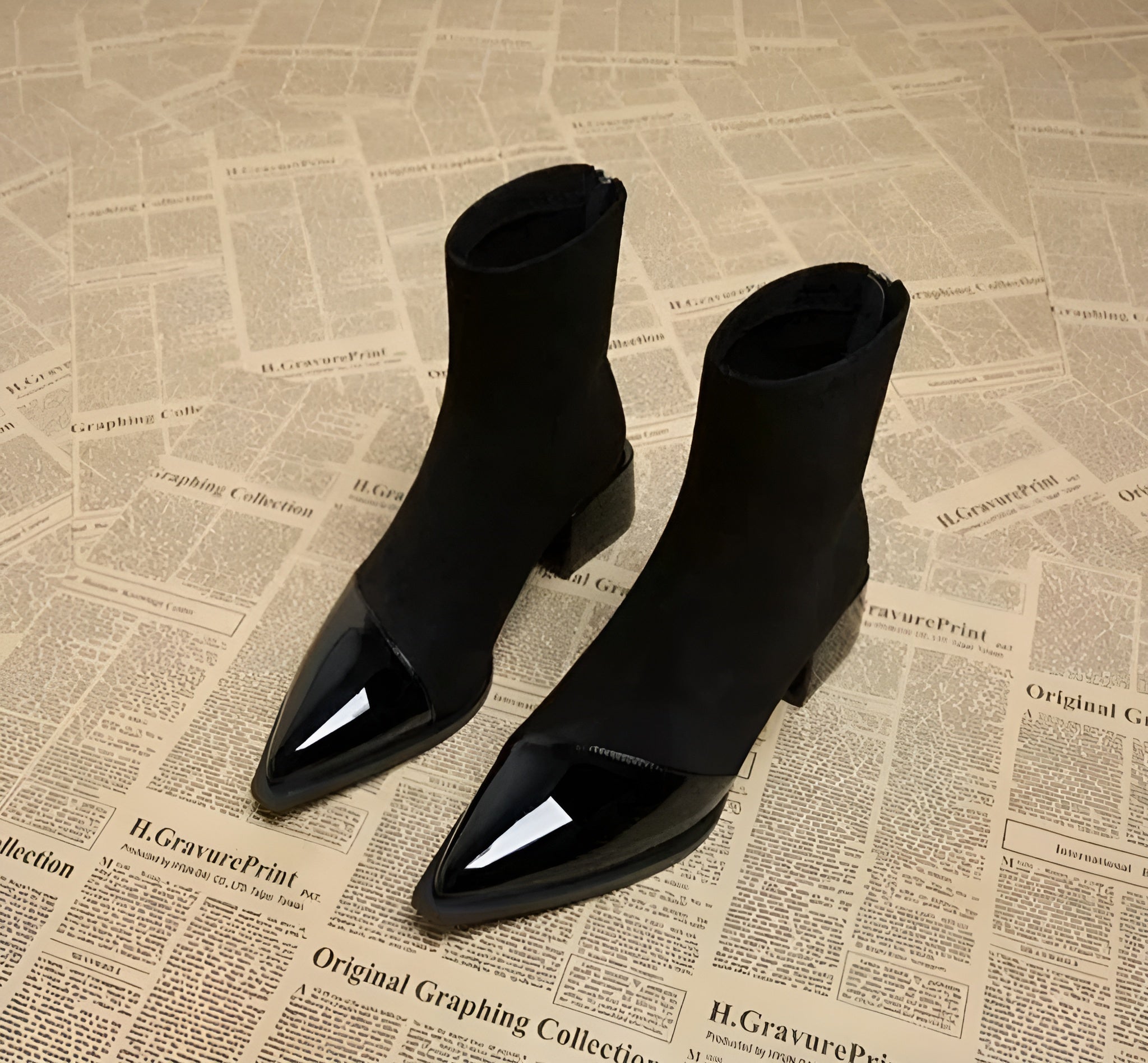 Women’s Suede Ankle Boots with Patent Detailing and Block Heel 1