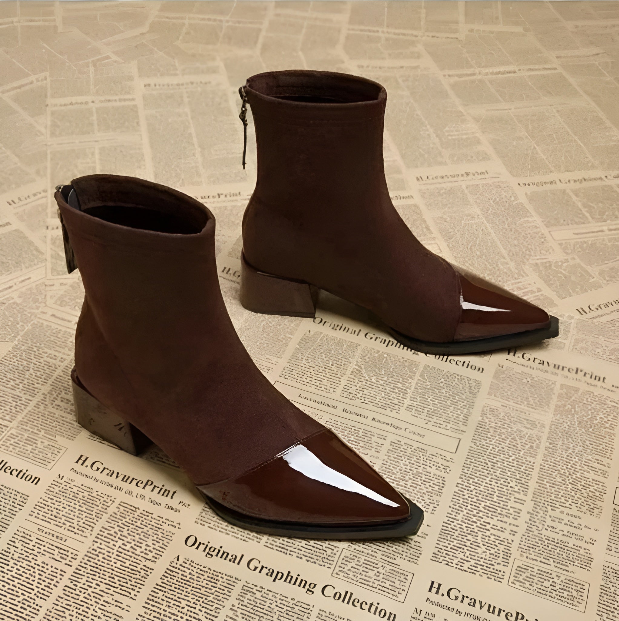 Women’s Suede Ankle Boots with Patent Detailing and Block Heel 6