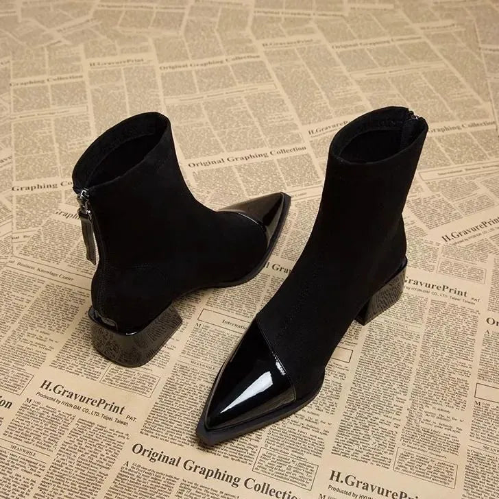 Women’s Suede Ankle Boots with Patent Detailing and Block Heel 7