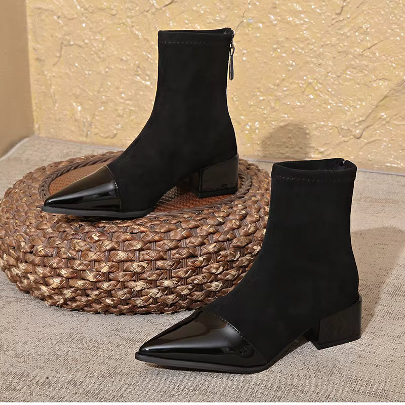 Women’s Suede Ankle Boots with Patent Detailing and Block Heel 8