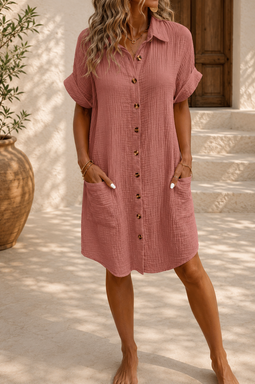 Women’s Summer Shirt Dress with Loose Fit and Textured Fabric 5
