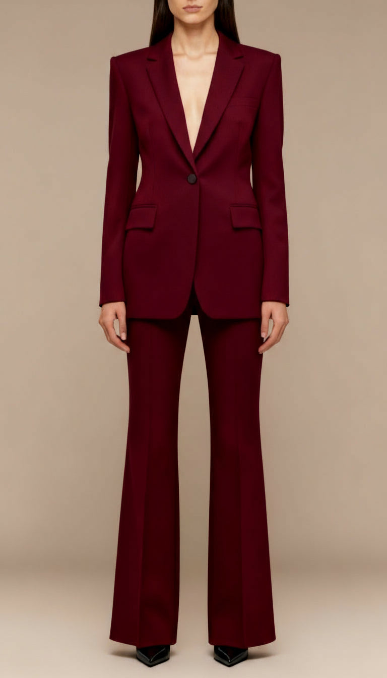Women’s Tailored Burgundy Suit Set with Sculpted Blazer and Flared Trousers 0