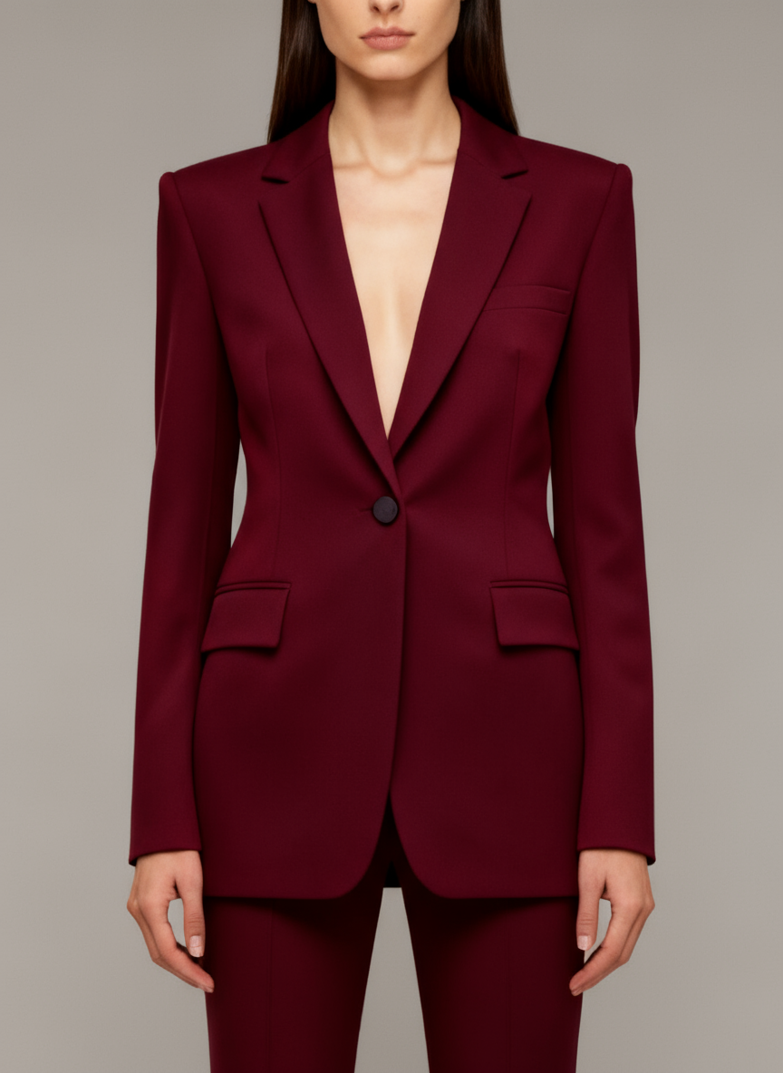 Women’s Tailored Burgundy Suit Set with Sculpted Blazer and Flared Trousers 1