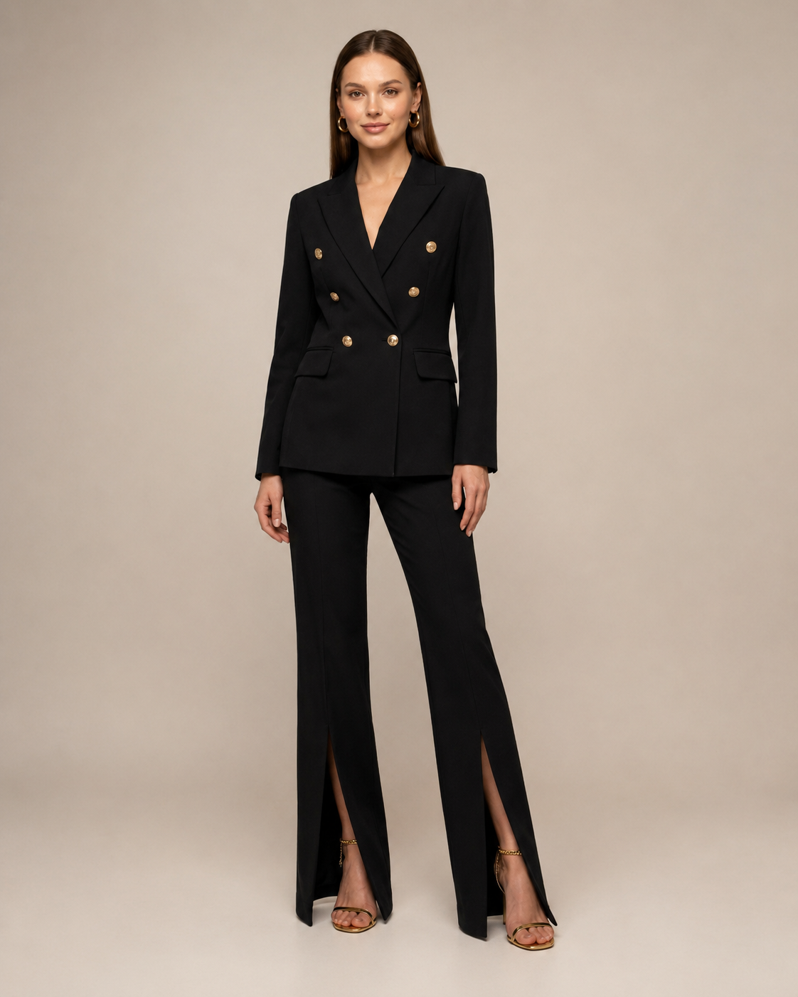 Women’s Tailored Double-Breasted Suit with Flared Trousers and Gold-Tone Buttons 01