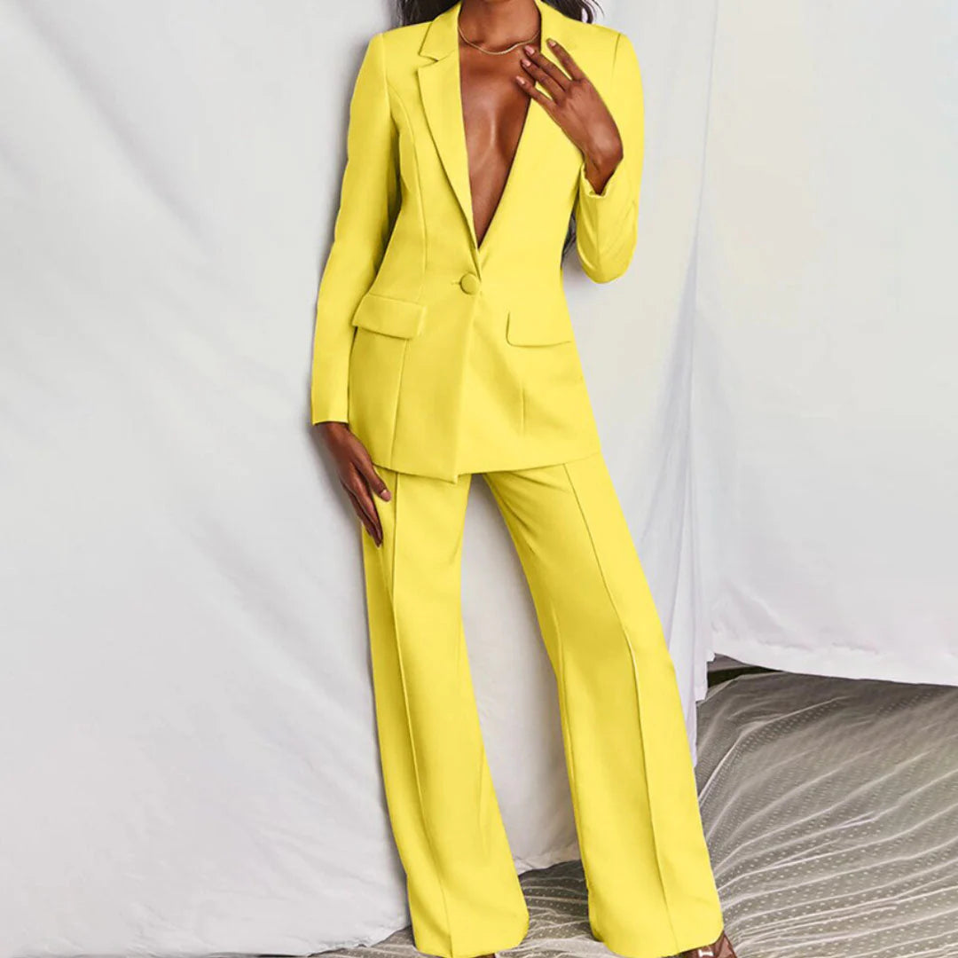 Women’s Tailored Pant Suit with Longline Blazer and Wide-Leg Trousers 0