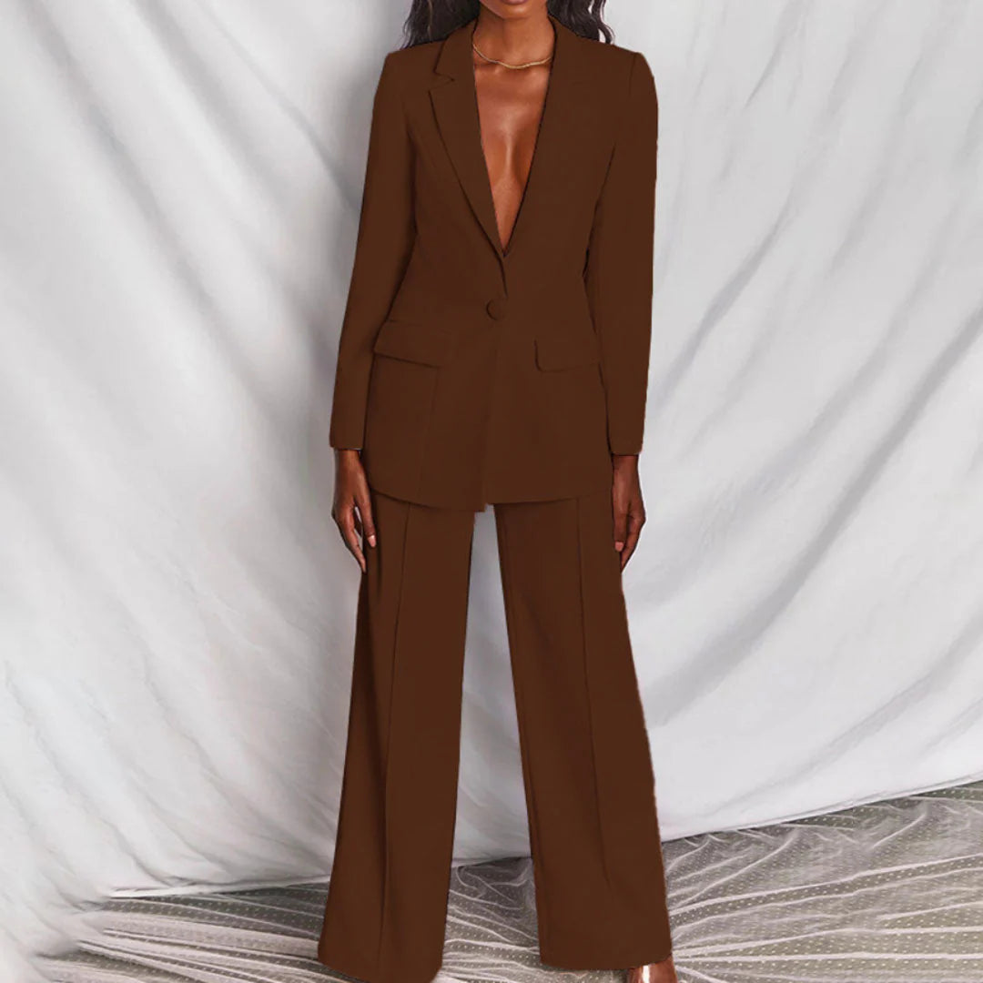 Women’s Tailored Pant Suit with Longline Blazer and Wide-Leg Trousers 3