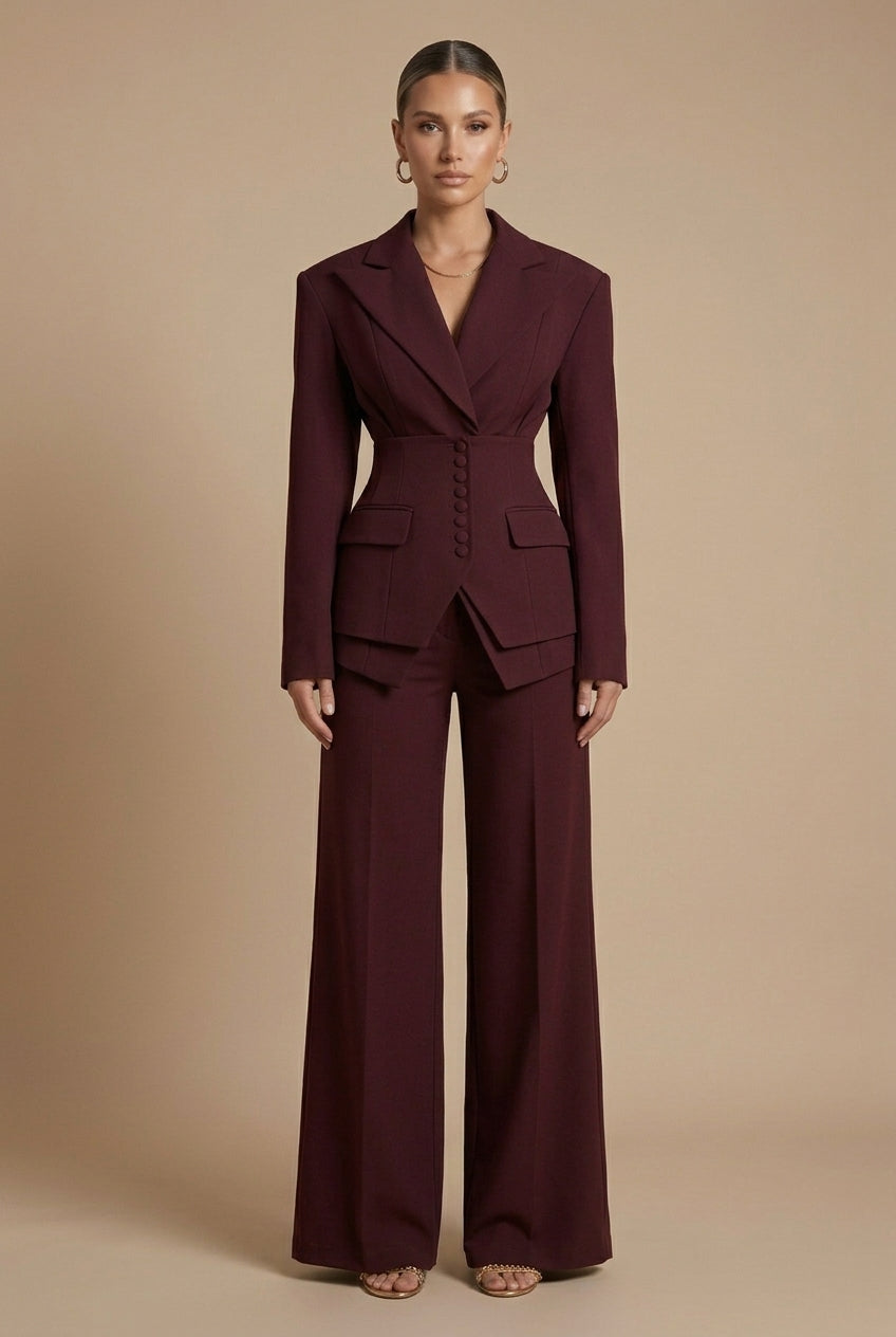 Women’s Tailored Two Piece Suit with Peaked Lapel and Wide-Leg Trousers 0