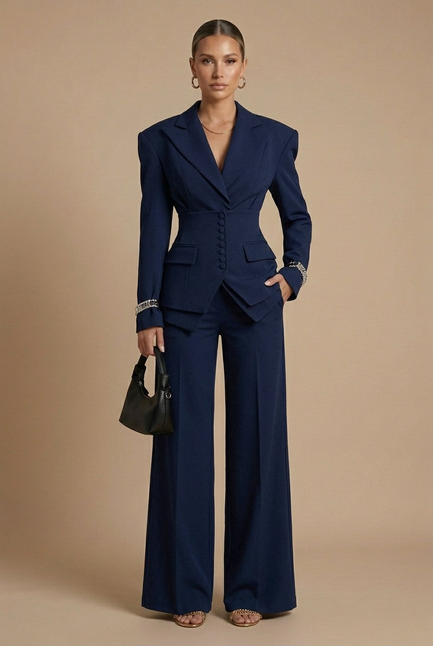 Women’s Tailored Two Piece Suit with Peaked Lapel and Wide-Leg Trousers 5