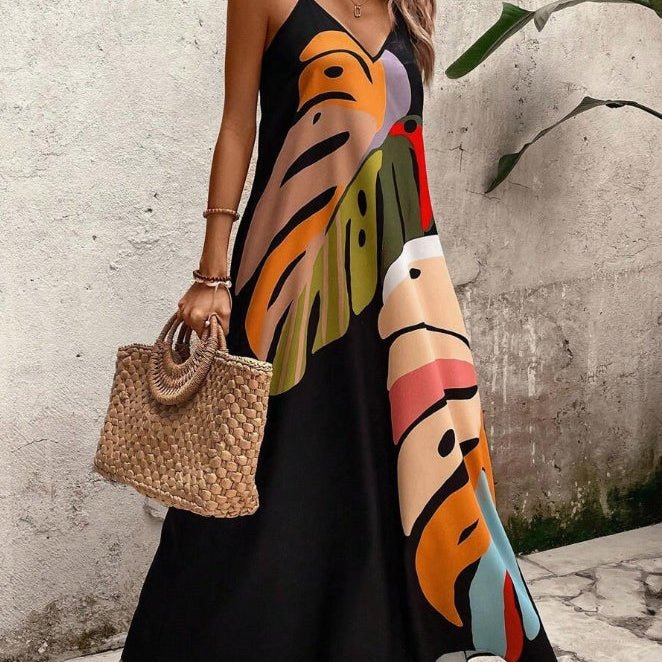 Women’s Tropical Leaf Maxi Dress with V-Neck and Relaxed Fit 0