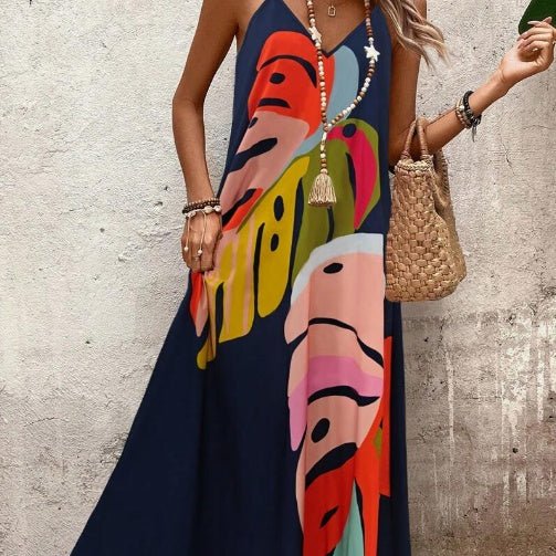 Women’s Tropical Leaf Maxi Dress with V-Neck and Relaxed Fit 1