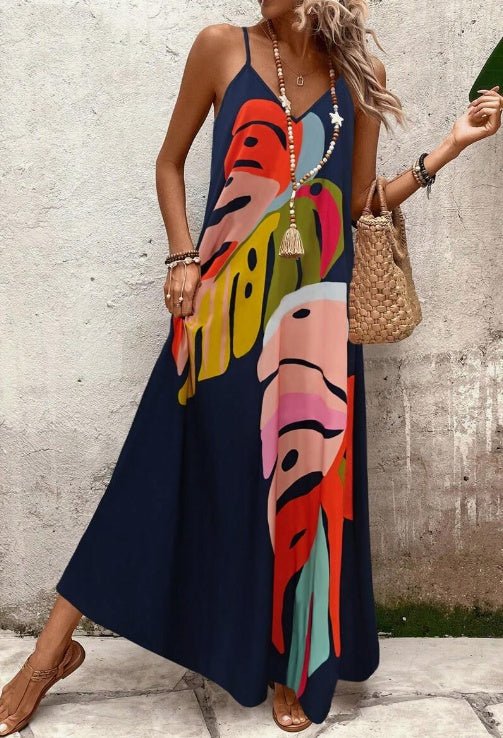 Women’s Tropical Leaf Maxi Dress with V-Neck and Relaxed Fit 2