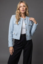 Women’s Tweed Cropped Blazer with Round Neck and Gold Buttons 0