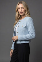 Women’s Tweed Cropped Blazer with Round Neck and Gold Buttons 1