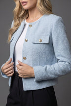 Women’s Tweed Cropped Blazer with Round Neck and Gold Buttons 2