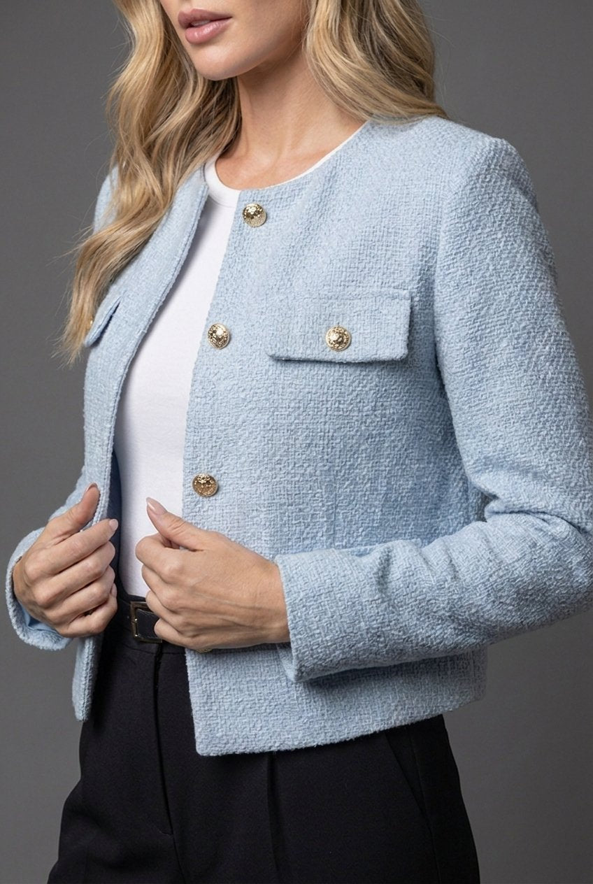 Women’s Tweed Cropped Blazer with Round Neck and Gold Buttons 2