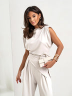 Women’s Two-Piece Set with Draped Top and Wide Leg Pants 5