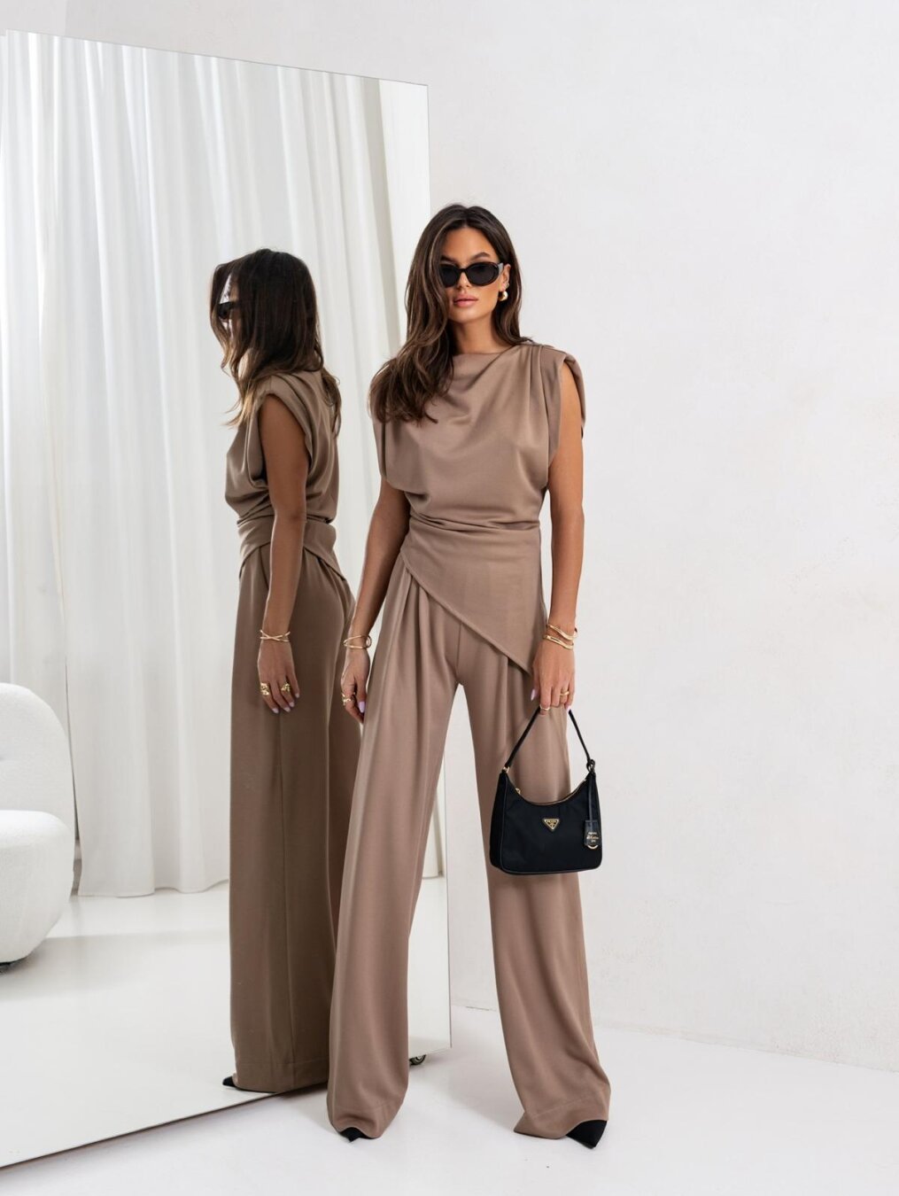 Women’s Two-Piece Set with Draped Top and Wide Leg Pants 7