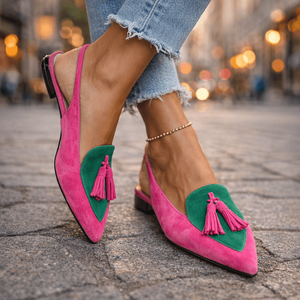 Women's Two-Tone Suede Flat Mules with Pompom Detail 0