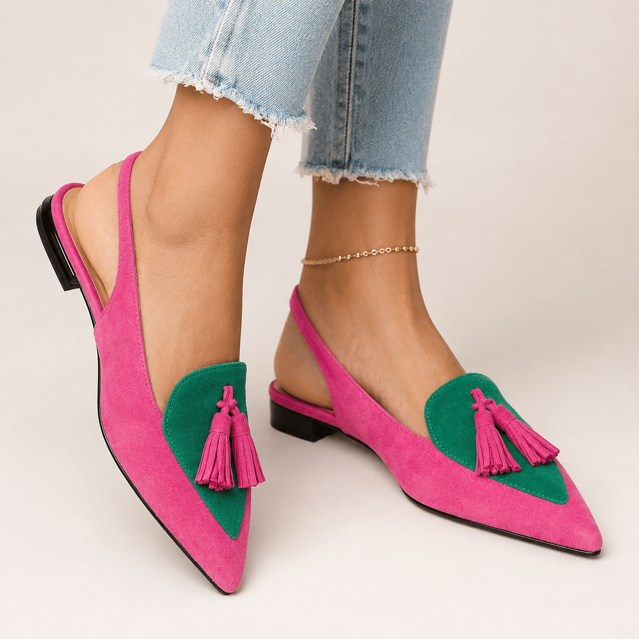 Women's Two-Tone Suede Flat Mules with Pompom Detail 00