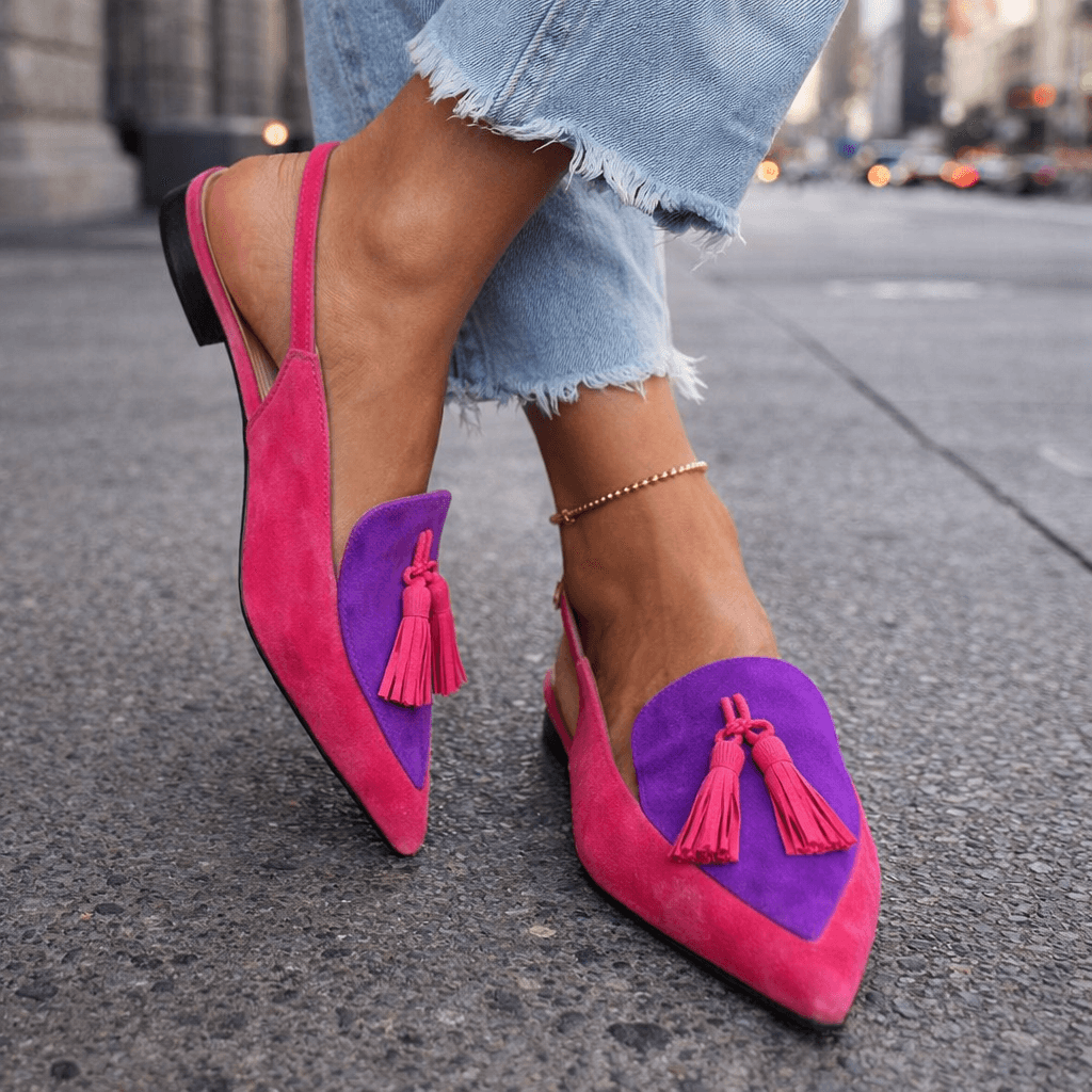 Women's Two-Tone Suede Flat Mules with Pompom Detail 1