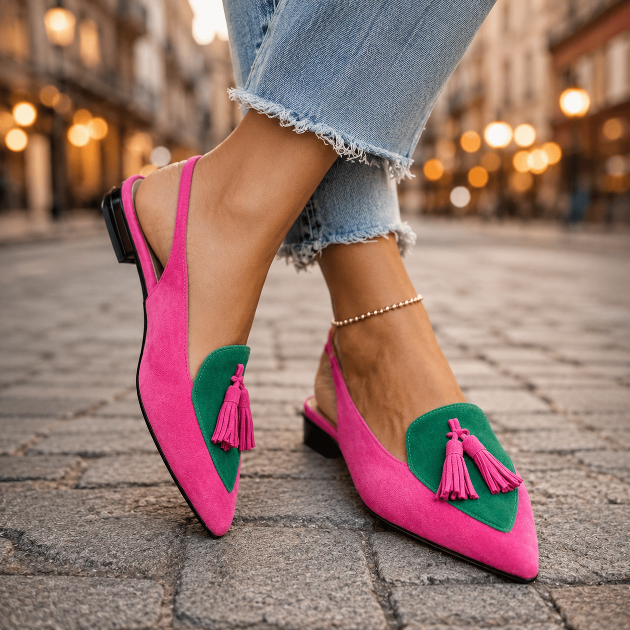 Women's Two-Tone Suede Flat Mules with Pompom Detail 02
